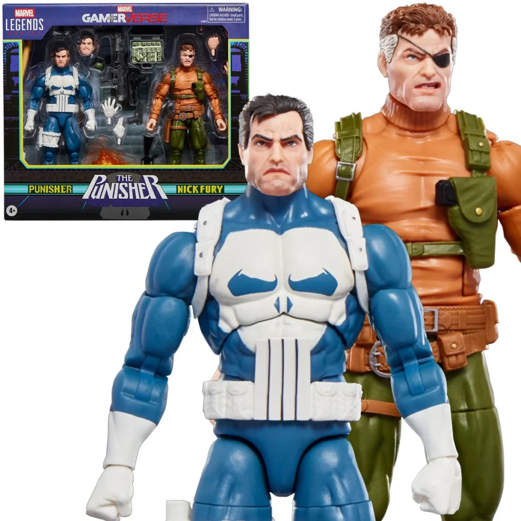 Punisher and Nick Fury action figures stand in front of their packaging, showcasing detailed designs. Relevant for Marvel collectors and fans.