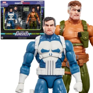 Punisher and Nick Fury action figures stand in front of their packaging, showcasing detailed designs. Relevant for Marvel collectors and fans.