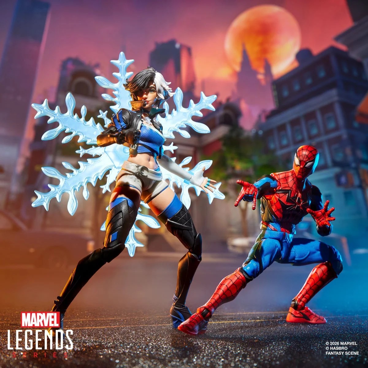 Spider-Man and a female character with ice powers pose dynamically against a colorful urban background, showcasing Marvel Legends action figures.