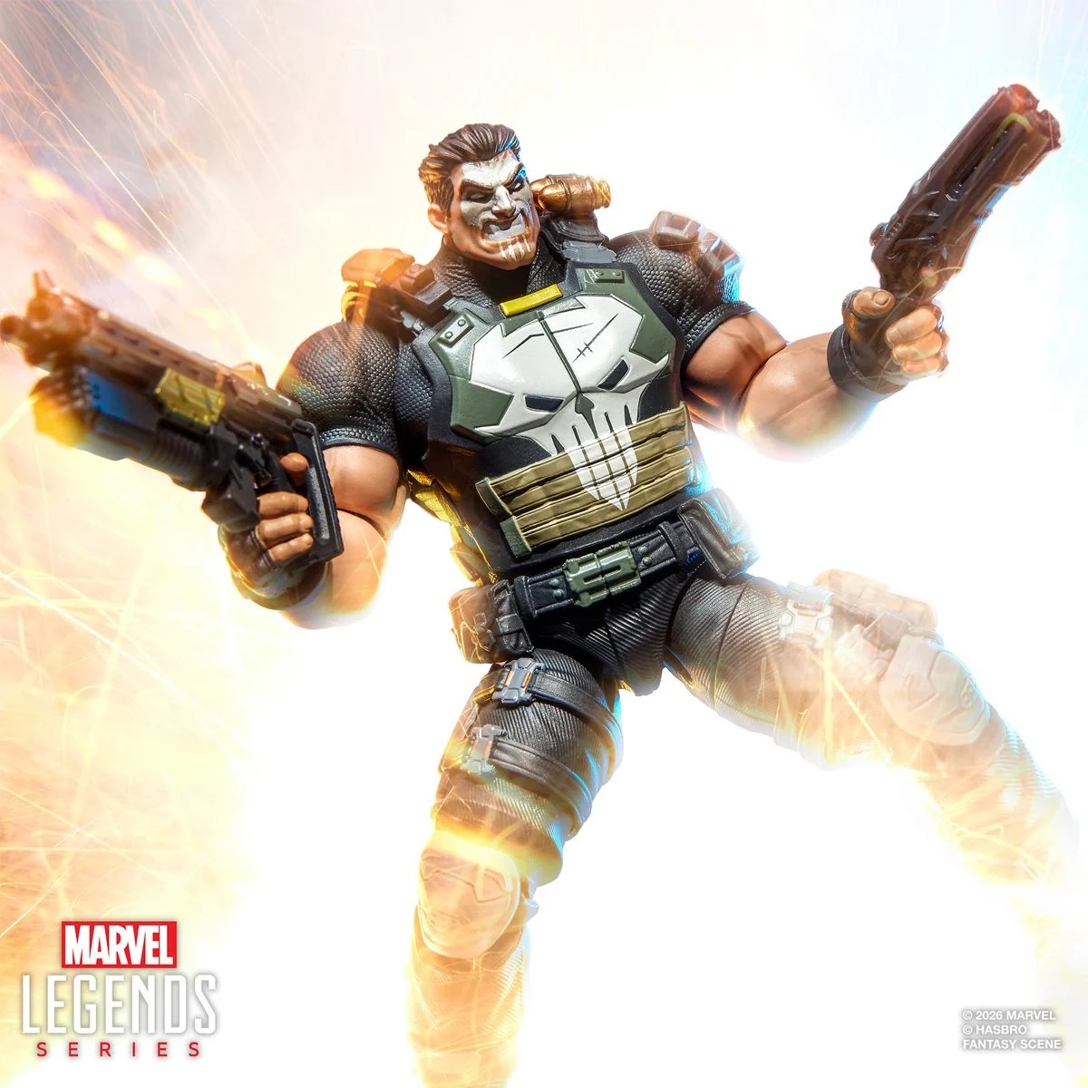 The Punisher action figure is posed dynamically with twin guns, set against a dramatic light backdrop, highlighting its detailed design and character.