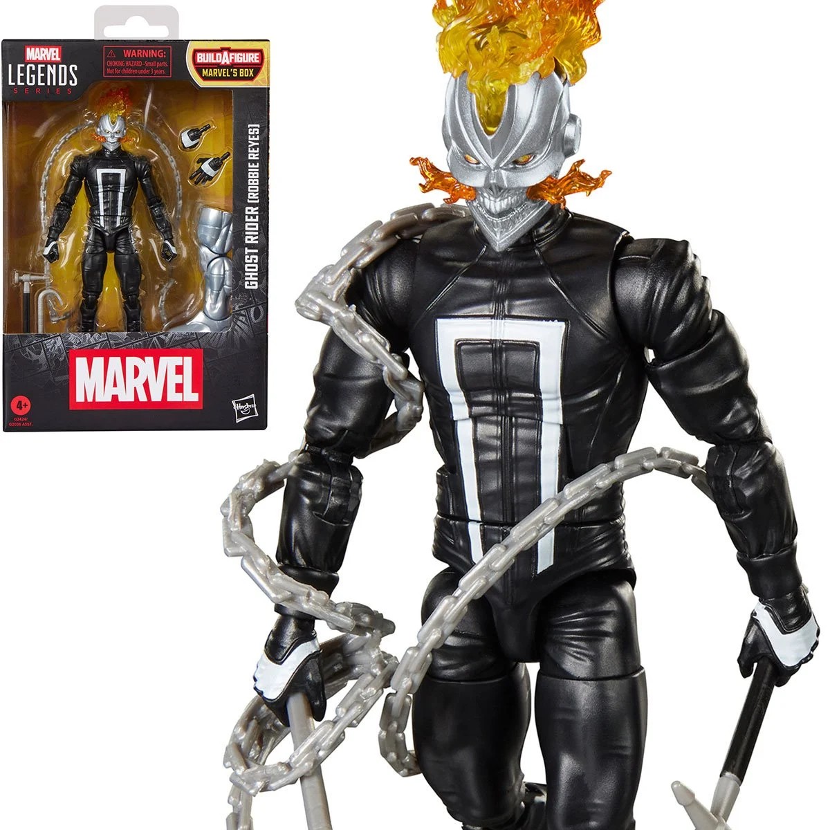 Ghost Rider action figure from Marvel Legends series, featuring a metallic head with flame details, black costume, and chain accessories.