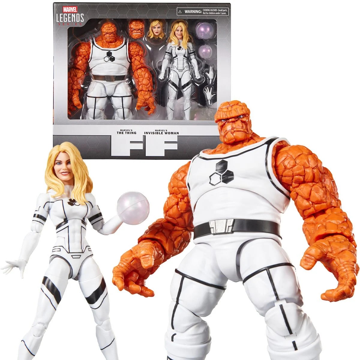 Marvel Legends action figures of The Thing and Invisible Woman, featuring detailed designs and accessories, highlight their roles in the Fantastic Four.