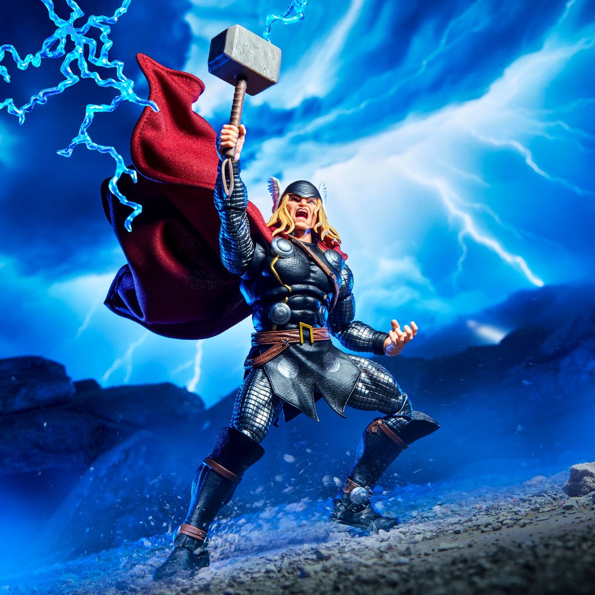Thor stands triumphantly with Mjölnir raised, surrounded by lightning and dramatic clouds, embodying strength and heroism in this striking figure.