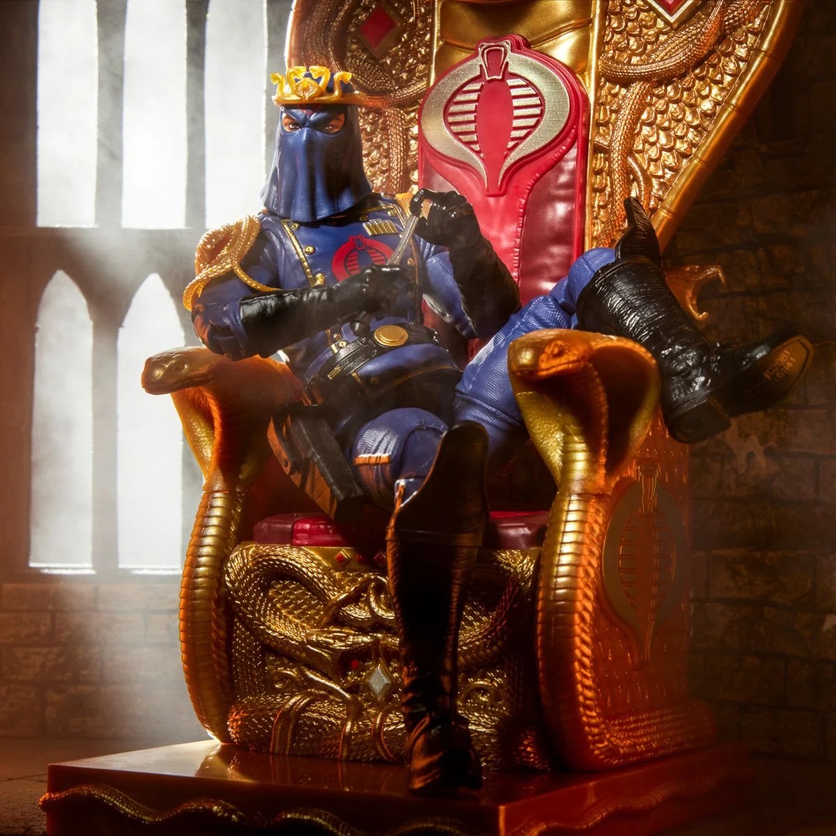 Cobra Commander, seated on an ornate throne with snake motifs, exudes power and menace in a dramatic, misty setting.